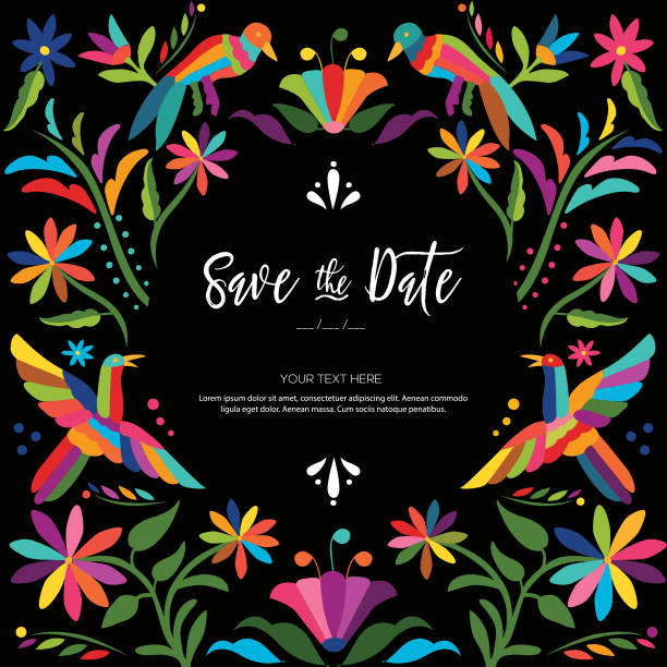 ilustrações, clipart, desenhos animados e ícones de composição do convite do casamento do estilo de otomi-espaço da cópia - paleta de cores