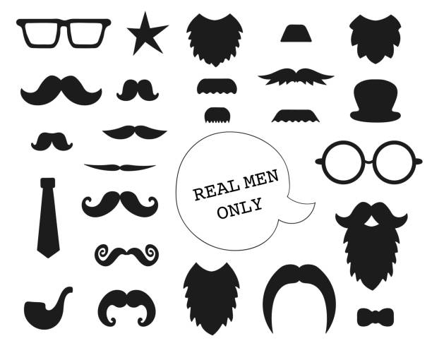 Vector set of mustache, beard, glasses, hat, tie, pipe, bow. Collection of elements for Father’s Day. Male theme clip art. Photo booth props for holiday or party Vector set of mustache, beard, glasses, hat, tie, pipe, bow. Collection of elements for Father’s Day. Male theme clip art. Photo booth props for holiday or party funny fathers day stock illustrations