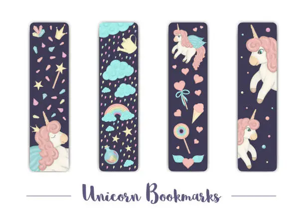 Vector illustration of Vector set of bookmarks for children with unicorn theme. Cute rainbow, clouds, crystals, hearts on dark purple background. Vertical layout card templates. Stationery for kids. Sweet girlish illustration.