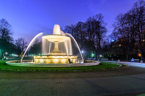 Fountain in the Saxon Garden at night in Warsaw. Poland