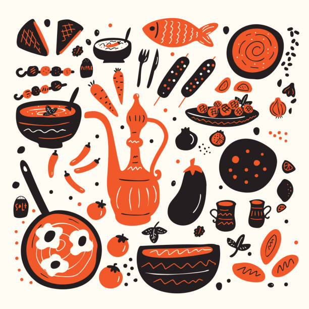 ilustrações, clipart, desenhos animados e ícones de comida do oriente médio. jogo da ilustração desenhada mão de pratos do oriente médio veste diferentes feitos no estilo do doodle. - cultura iraniana oriente médio