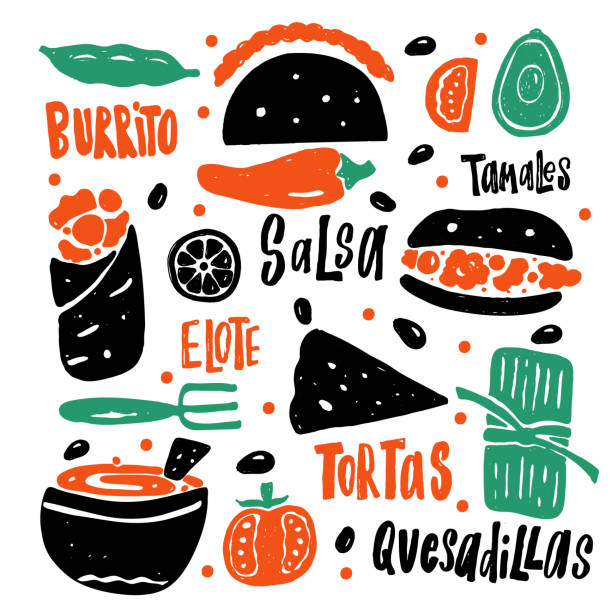 Mexican street food. Hand drawn vector illustration and lettering, isolated on white. Mexican street food. Hand drawn vector illustration and lettering, isolated on white tamales stock illustrations