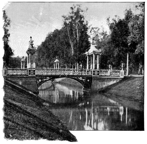 Small Chinese Bridge at Alexander Park in Tsarskoye Selo, Russia - Russian Empire 19th Century Small Chinese Bridge at Alexander Park in Tsarskoye Selo, Russia. The Russian Empire era (circa 19th century). Vintage halftone etching circa late 19th century. Tsarskoye Selo is now a suburb of Saint Petersburg. pushkin st petersburg stock illustrations