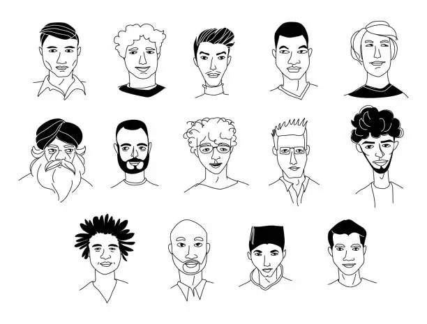 Vector illustration of Men's head seamless pattern background grunge line drawing doodle poster