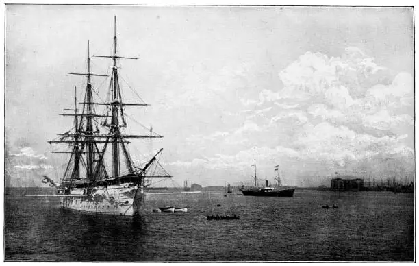 Naval tall ships in Kronstadt Harbour at Kronstadt on Kotlin Island in Saint Petersburg, Russia. The Russian Empire era (circa 19th century). Vintage halftone photo etching circa late 19th century.