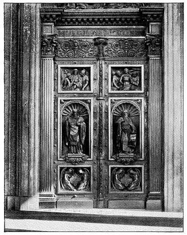 St. Issac’s Gate at Saint Isaac’s Cathedral (Isaakievskiy Sobor) in Saint Petersburg, Russia. The Russian Empire era (circa 19th century). Vintage halftone photo etching circa late 19th century.
