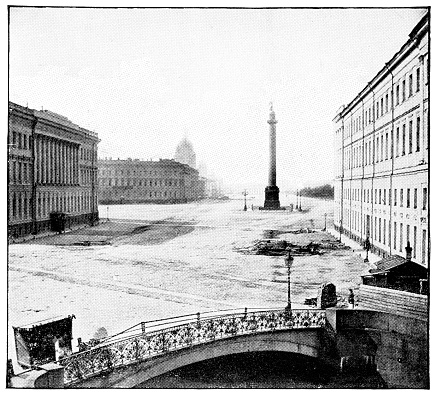 Alexander Column in Saint Petersburg, Russia. The Russian Empire era (circa 19th century). Vintage halftone photo etching circa late 19th century.
