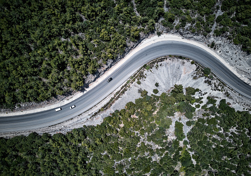 Aerial view of winding road in the forest. Mugla, Turkey