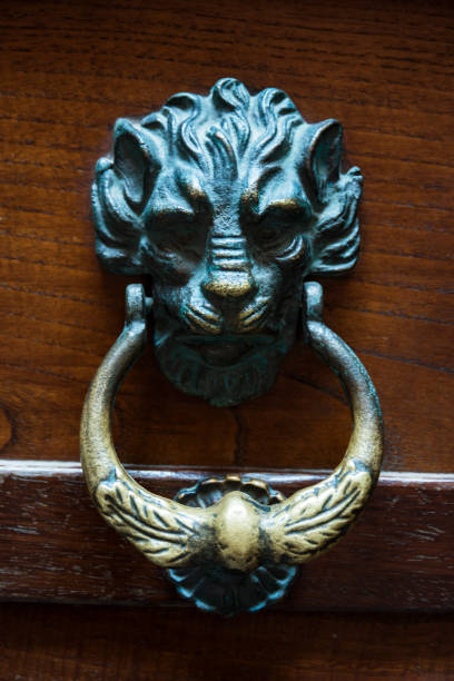 nahaufnahme eines löwenkopftürklopfens - door knocker door lion luxury stock-fotos und bilder