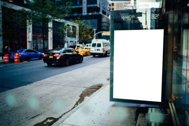 istock Bus station billboard with blank copy space screen for advertising text message or promotional content, empty mock up Lightbox for information, stop shelter clear poster display in urban city street 1158479653