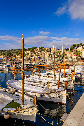 Mallorca island, Balearic Islands, Spain - January 4, 2019: picturesque harbor with fishing boats in Port de Soller