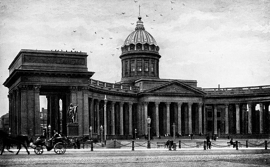 Kazan Cathedral in Saint Petersburg, Russia. The Russian Empire era (circa 19th century). Vintage halftone photo etching circa late 19th century.