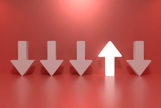 istock Stand out from the crowd and different concept , One glowing light up arrow among other down arrows 1158483400