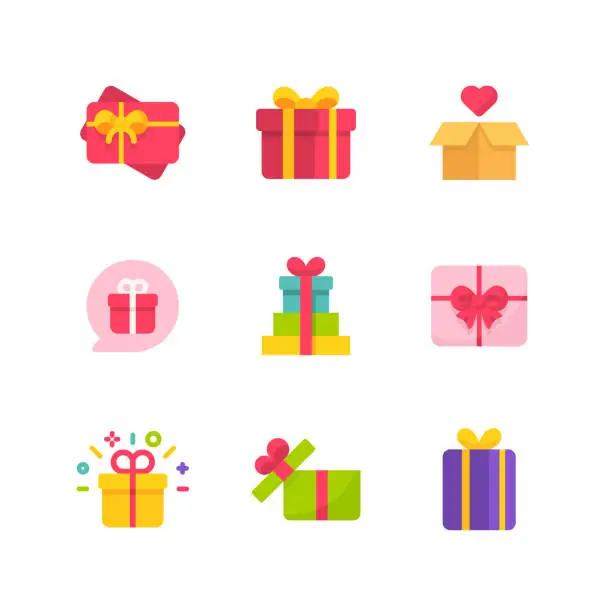 Vector illustration of Gift Flat Icons. Pixel Perfect. For Mobile and Web. Contains such icons as Gift, Present, Birthday, Love, Friendship, Celebration, Ribbon, Gift Box, Party.