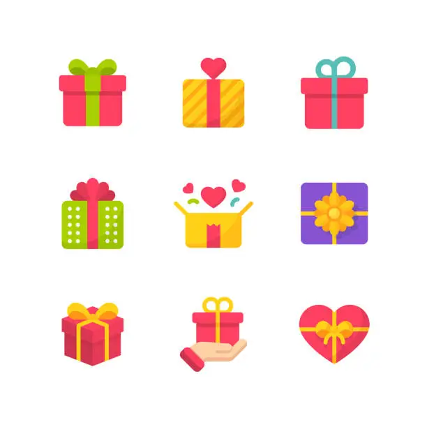 Vector illustration of Gift Flat Icons. Pixel Perfect. For Mobile and Web. Contains such icons as Gift, Present, Birthday, Love, Friendship, Celebration, Ribbon, Gift Box, Party.