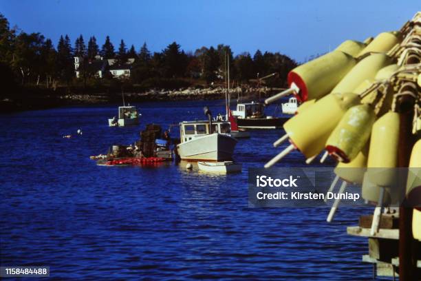 New England Fishing Boat And Buoys Stock Photo - Download Image Now - Lobsterman, Beauty In Nature, Blue