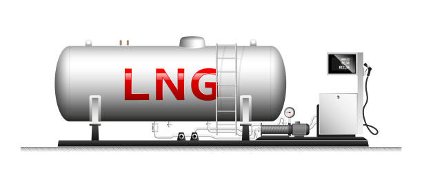 Automotive modular filling with liquefied gas. Large cylindrical cylinder with natural gas. Column with a hose for refueling cars. Automotive modular filling with liquefied gas. Large cylindrical cylinder with natural gas. Column with a hose for refueling cars lng liquid natural gas stock illustrations