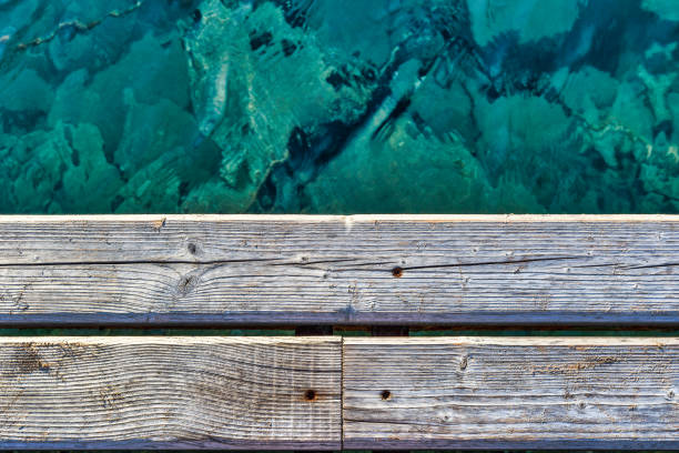 Close-up view of the old wooden dock and turquoise water. Good photo for pattern.