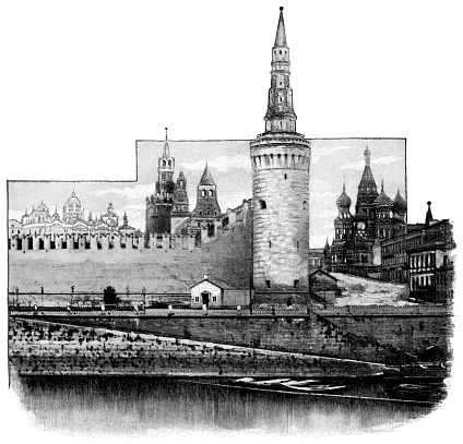 Blagoveschenskaya Tower at The Kremlin in Moscow, Russia. The Russian Empire era (circa 19th century). Vintage halftone etching circa late 19th century.