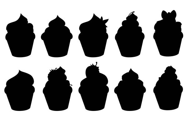 Black silhouette. Collection of cupcakes with different ingredients. Set of sweet cakes. Colorful dessert. Flat vector illustration isolated on white background Black silhouette. Collection of cupcakes with different ingredients. Set of sweet cakes. Colorful dessert. Flat vector illustration isolated on white background. bakery silhouettes stock illustrations