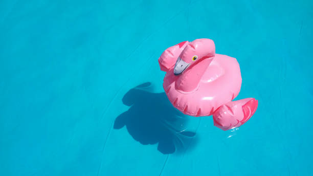 le flamant rose rose jouet gonflable d'enfants nage dans l'eau bleue claire de piscine turquoise. il y a une place pour le texte, l'espace de copie - blue mattress vacations toy photos et images de collection