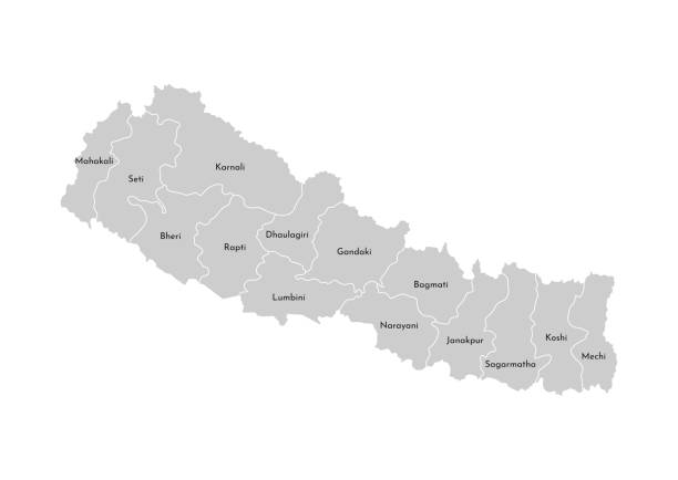 illustrazioni stock, clip art, cartoni animati e icone di tendenza di illustrazione isolata vettoriale della mappa amministrativa semplificata del nepal. bordi e nomi delle zone (aree geografiche). sagome grigie. contorno bianco - janakpur