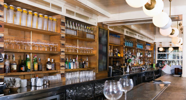 istock Illustration of empty bar with alcohol in restaurant. 1158492427