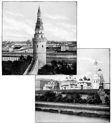 Vodovzvodnaya Tower (top left) and Cathedral Square (bottom right) at The Kremlin in Moscow, Russia. The Russian Empire era (circa 19th century). Vintage halftone photo etching circa late 19th century.
