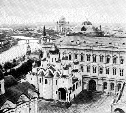 High angle cityscape with the Annunciation Cathedral at The Kremlin of Moscow, Russia. The Russian Empire era (circa 19th century). Vintage halftone photo etching circa late 19th century.