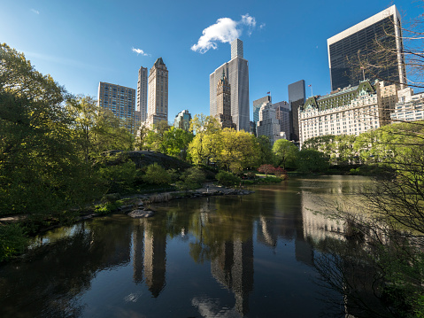 Buildings of the Midtown West and Upper West Side of Manhattan reflected in a pond in Central Park on a warm spring day.