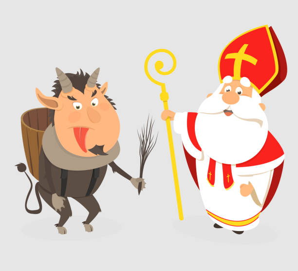 ilustrações de stock, clip art, desenhos animados e ícones de krampus and saint nicholas - cartoon style isolated - vector illustration - santas sack