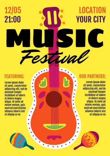 Vector illustration of Music festival show poster or invitation flyer design template. Acoustic guitar and maracas on yellow background. Live musical party concert. Event vector illustration A3 A4 size