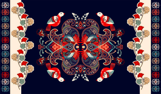 Colorful indian vector design for rug, towel, carpet, textile, fabric, cover. Bright floral stylized decorative motifs. Rectangular ethnic floral design with ornamental center. Birds and flowers Colorful vector design for rug, towel, carpet, textile, fabric, cover. Bright floral stylized decorative motifs. Rectangular ethnic floral design with ornamental center persian culture stock illustrations