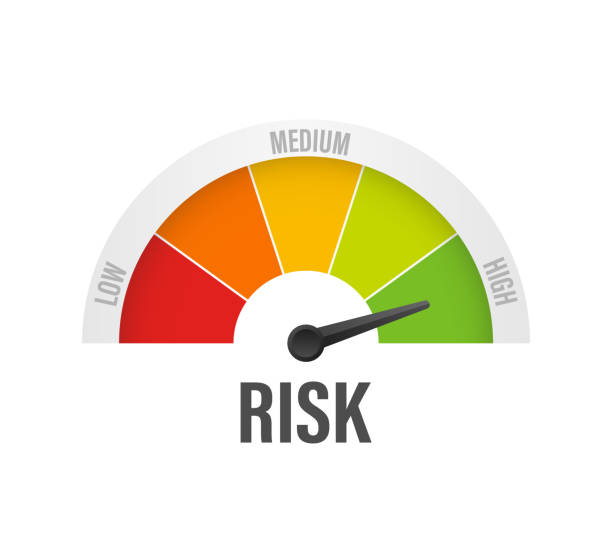 ilustrações de stock, clip art, desenhos animados e ícones de risk icon on speedometer. high risk meter. vector stock illustration. - speedometer dashboard dial speed