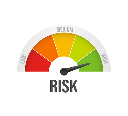 Risk icon on speedometer. High risk meter. Vector illustration.