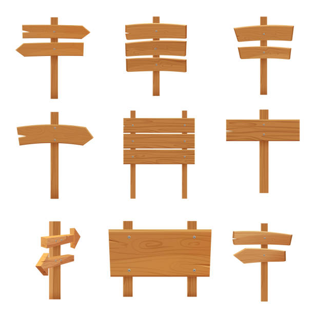 деревянные указатели вывески установить мультфильм вектор иллюстрации. - wooden stake stock illustrations