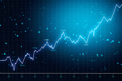 Finance and invest concept. Creative glowing candlestick forex chart on dark blue texture. 3D Rendering