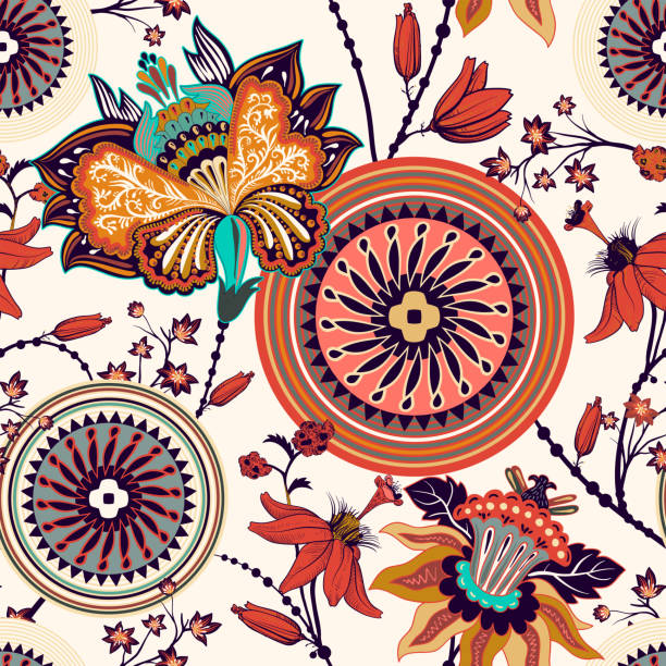 kolorowy kwiatowy wzór dekoracyjny na tekstylia, okładkę, tapetę, tkaninę. tło wektora etnicznego z elementami geometrycznymi. indyjskie dekoracyjne tło. ilustracja wektorowa, abstrakcyjny batik indonezja - pattern seamless doodle retro revival stock illustrations