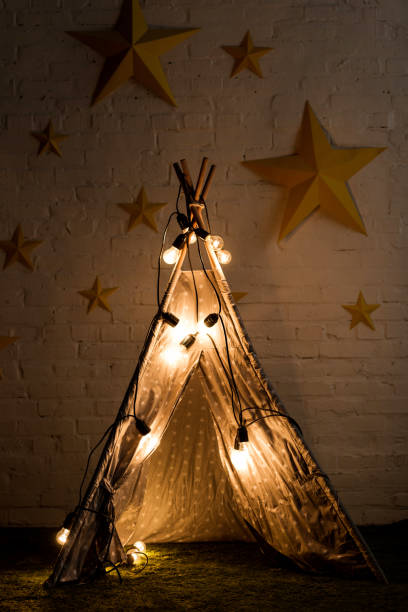 istock Cozy wigwam with luminous bulbs standing in dark room 1158510344