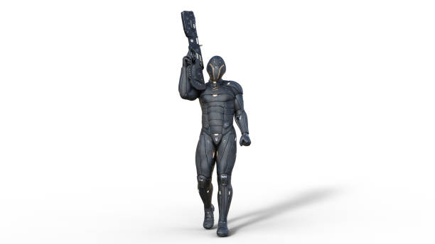 istock Futuristic android soldier in bulletproof armor, military cyborg armed with sci-fi rifle gun walking on white background, 3D render 1158510692