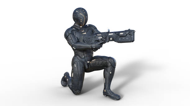 istock Futuristic android soldier in bulletproof armor, military cyborg armed with sci-fi rifle gun kneeling on white background, 3D render 1158510698