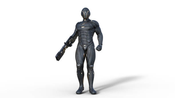 istock Futuristic android soldier in bulletproof armor, military cyborg armed with sci-fi rifle gun standing on white background, 3D render 1158510703