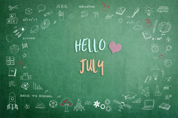 istock Hello July greeting on green school teacher's chalkboard with creative student's doodle of learning education graphic freehand illustration icon for back to school month concept 1158513297