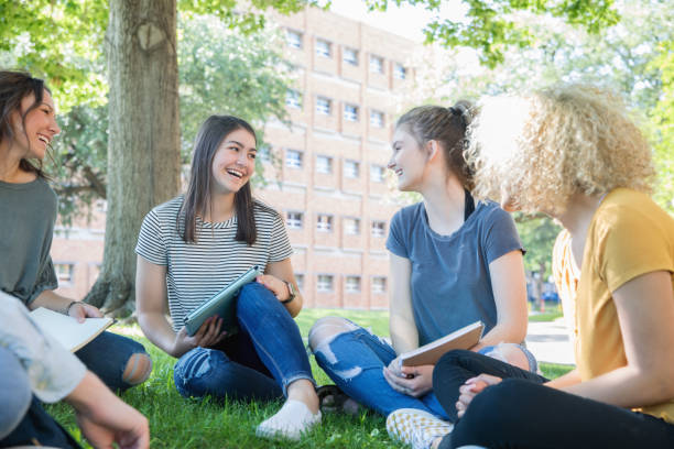 istock Diverse group of teen girls discuss assignment while studying together on campus 1158514220