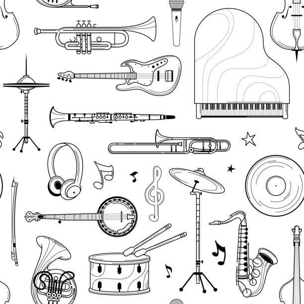 instrumenty muzyczne ręcznie rysowane kontur bez szwu wzór - seamless tile audio stock illustrations