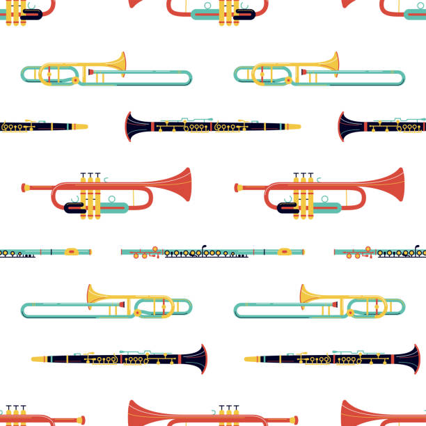 illustrations, cliparts, dessins animés et icônes de instruments en laiton motif plat vector sans couture - trumpet bugle cornet cartoon