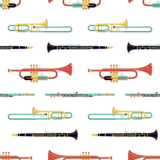 Vector illustration of Brass instruments flat vector seamless pattern
