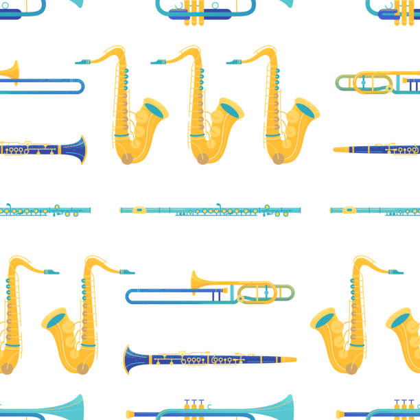 messing- und holzblasinstrumente flacher vektor nahtloses muster - trumpet bugle cornet cartoon stock-grafiken, -clipart, -cartoons und -symbole