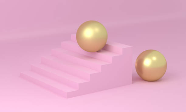 istock 3d render, abstract minimal background, pink stairs, pastel color with gold ball. 1158522372
