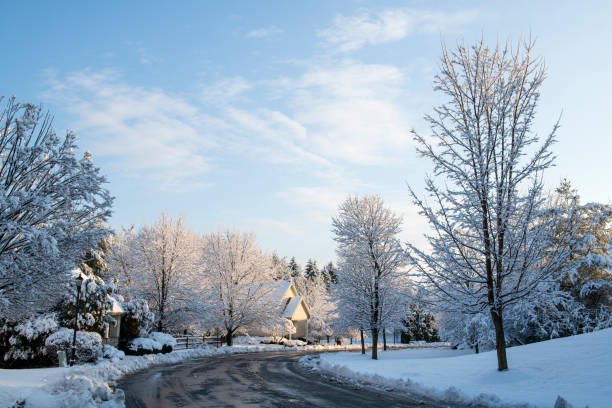 Community in Winter morning after heavy snow stock photo